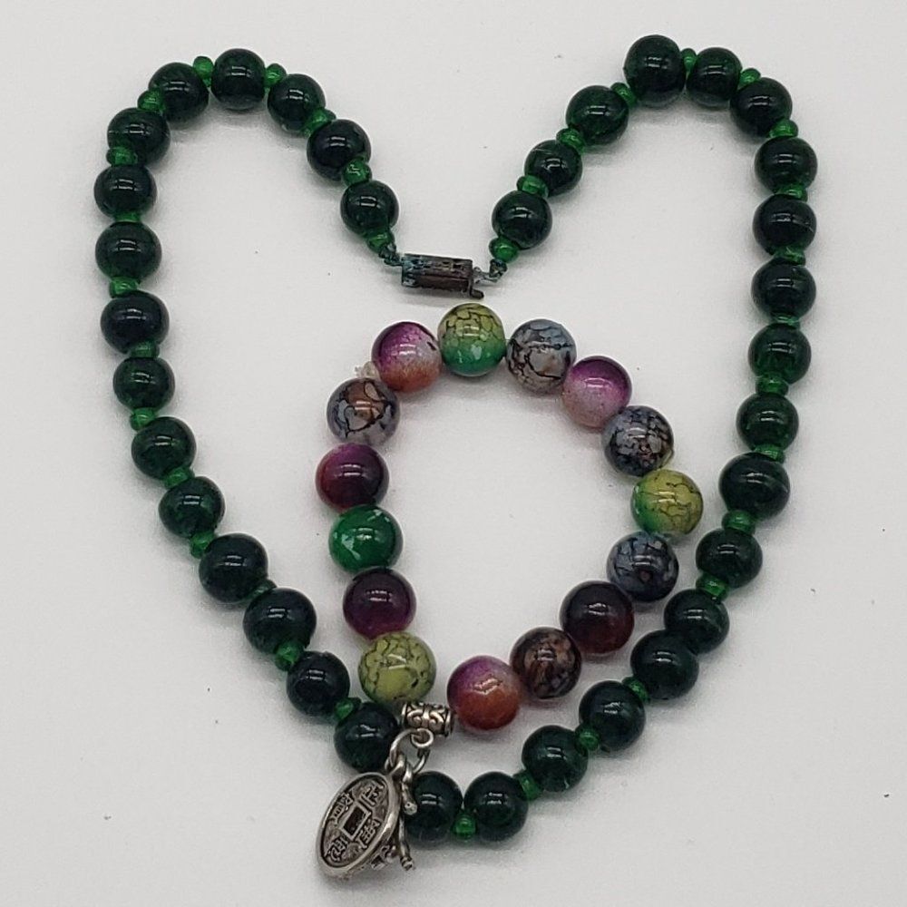 Vintage Glass Beaded Dark Green Choker Necklace and Multicoloured Charm Bracelet